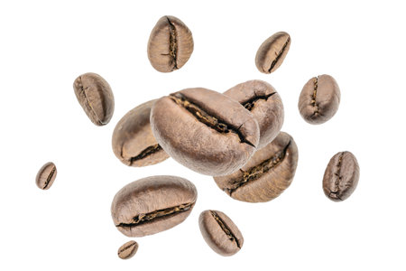 Coffee beans falling background. Black espresso coffee bean. Aromatic grain fall isolated on white. Represent breakfast for energy and freshness conceptの写真素材