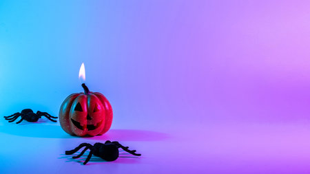 Halloween pumpkin. Black night spider, scary spooky pumpkin on night neon halloween background. Minimalistic background for autumn holidays. Space for textの写真素材
