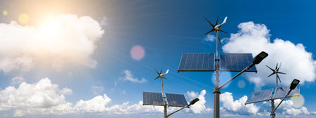 Renewable energy sources banner. Wind turbine with solar energy power panel, renewable photovoltaic technology. alternative concept energyの写真素材