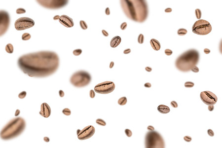 Coffee beans flying background. Black espresso grain falling on white. Rustic coffee bean fall isolated. Represent breakfast, energy, freshness or great aroma conceptの写真素材