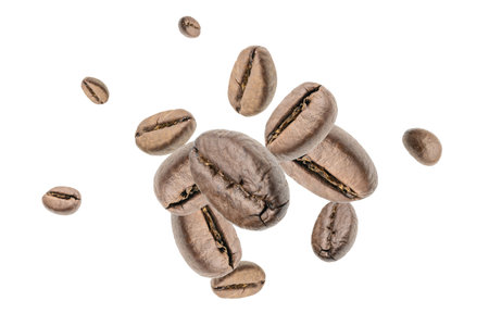 Coffee beans falling background. Black espresso coffee bean. Aromatic grain fall isolated on white. Represent breakfast for energy and freshness conceptの写真素材