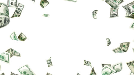 Us dollar. American money, falling cash. Flying hundred dollars isolated on white backgroundの写真素材