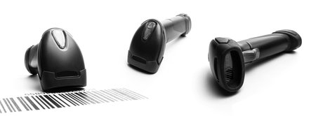 Barcode background collection. Reader laser scanner for warehouse. Retail label barcode scan isolated on white background. product code data conceptの写真素材