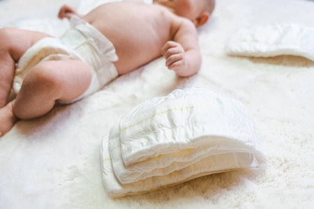 Diaper change newborn kid banner. Happy cute infant baby in nappy. Child care white background. Newborn care, colic, teeth, newborn day regimen.の写真素材