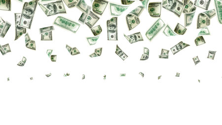 Money stack. Hundred dollars of America. Falling money isolated, us bill white background.の写真素材