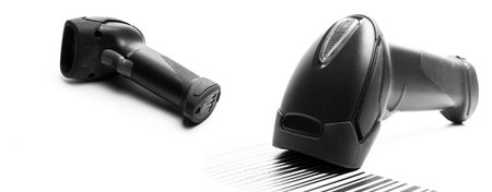 Bar code scanner set. Reader laser scanner for warehouse. Retail label barcode scan isolated on white background. Inventory product business technology.の写真素材