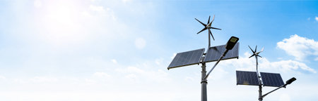 Wind turbines solar panels banner. Renewable photovoltaic technology with solar energy power panel and wind turbine. solar energy panelsの写真素材