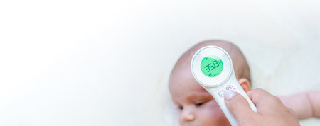 Electronic thermometer fever kid banner. Doctor check cold flu baby temperature care from electronic thermometer. Fever baby, child health care, sick kid backgroundの写真素材
