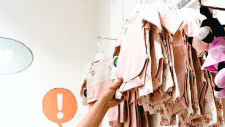 Baby clothes market buying. Happy young pregnant woman shopping baby clothes. Pregnant woman buy child clothes. Everyday baby dress store shopping conceptの写真素材
