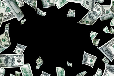 Money stack. Hundred dollars of America. Falling money isolated, us bill black background.の写真素材