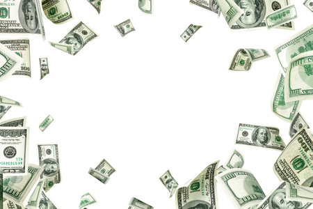 Dollar sign. American money. Cash white background, us bill. Money falling.の写真素材