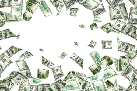 Dollar sign. American money. Cash white background, us bill. Money falling.の写真素材