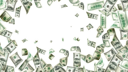 Dollar sign. American money. Cash white background, us bill. Money falling.の写真素材