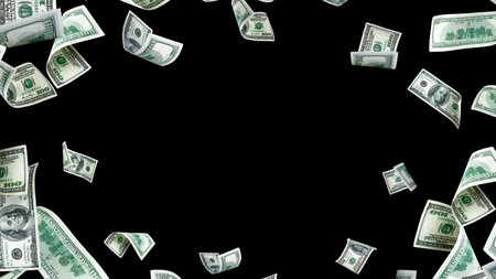 Money stack. Hundred dollars of America. Falling money isolated, us bill black background.の写真素材