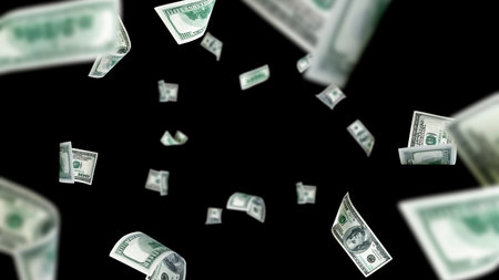 Money stack. Hundred dollars of America. Falling money isolated, us bill black background.の写真素材