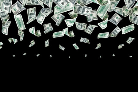Dollar sign. American money. Cash black background, us bill. Money falling.の写真素材