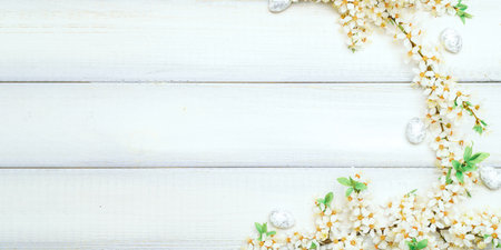 Easter eggs wood banner. April floral nature, white happy easter eggs on wood spring background. Easter pattern with place for text.の写真素材