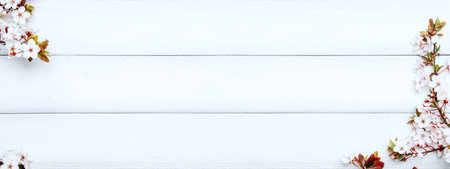 April floral nature banner. Spring blossom of may flowers on wooden. Branches of blossoming cherry against background. Copy space.の写真素材