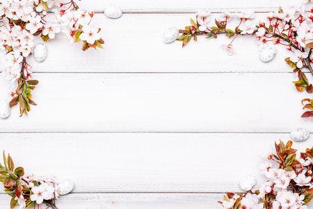 Easter Flat. Cherry tree blossom, white happy easter eggs on wood spring background. springtime concept.の写真素材