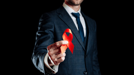 His support. Red ribbon in hiv world day in man hand. Awareness aids and cancer symbol isolated on black background. World aids day concept.の写真素材