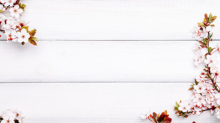 Spring background table. May flowers and April floral nature on wooden. For banner, branches of blossoming cherry against background. Copy space.の写真素材