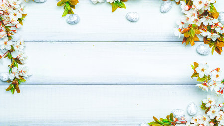 Easter background wood. Sakura blossom flower, white happy easter eggs on wood spring background. Easter design. Top view. Flat lay.の写真素材
