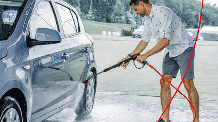 Car wash background. Car washing station foam. Man self service detail splash.の写真素材
