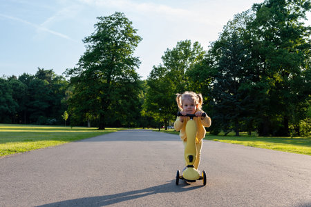 Girl on scooter. Riding child outdoor fun. Sunshine road freedom lifestyle.の写真素材