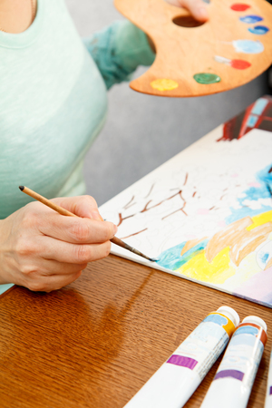Artist painting Japanese landscapeの写真素材