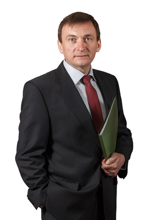 Confident elegant handsome mature businessman wearing a nice suit on white isolated backgroundの写真素材