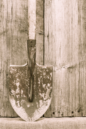 Old rusty shovel. Country tools. Rustic instruments, implements and farm equipment on wooden background. Vintage styleの写真素材