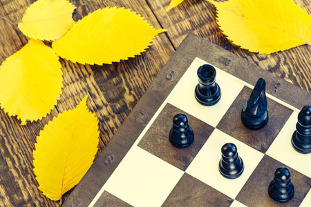 Chess pieces on board and autumn yellow leaves on wooden backgroundの写真素材