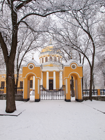 Front view of orthodox church Transfiguration Cathedral in Dnipro city, Ukraine in winter timeの写真素材