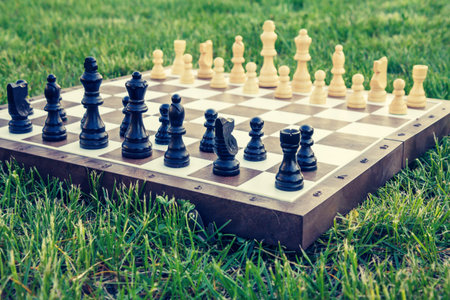 Chess board with chess pieces on green grass in daylight. Selective focus on black pieces. Outdoors...