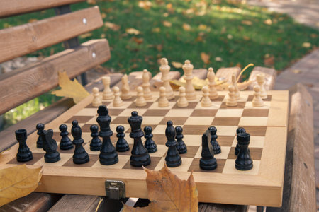 Wooden chess on the bench in a city park. Shallow depth of field. Focus on the black pieces.