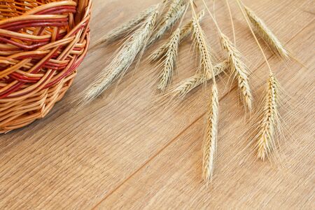 Spikelets of wheat and wicker basket on wooden boards. Top view.の写真素材
