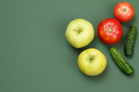 Top view on fresh apples, tomatoes and cucumbers on green background. Vegetables and fruits on...