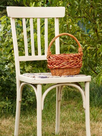 Wicker basket on old chair in natural background. Garden tools.の写真素材