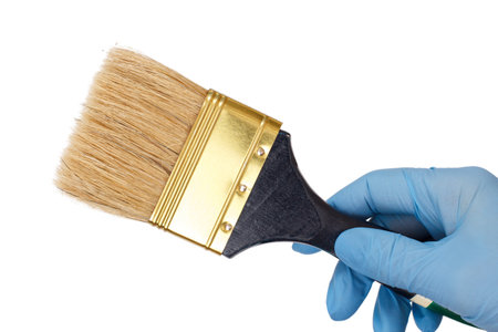Female hand in latex glove holding a house painter brush on a white isolated background. Repair...