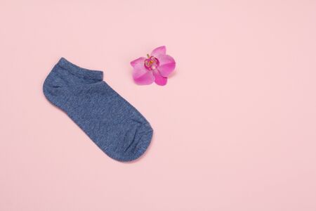 One woman sock and orchid flower on a pink background, Top view with copy space.の写真素材