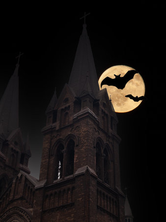 Night view of the old castle and bats flying on the full moon background. Halloween concept.の写真素材