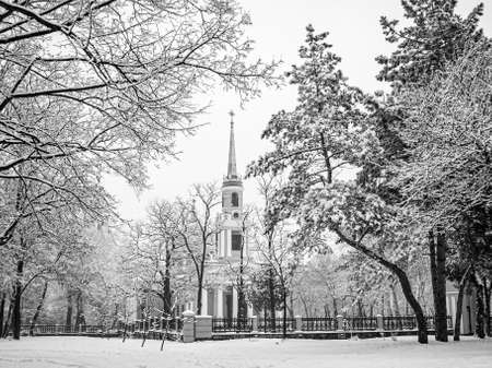 Orthodox church Transfiguration Cathedral in Dnipro city, Ukraine in winter time. Black and white colored.の写真素材