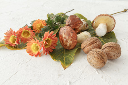 Autumn still life with mushrooms, green leaves and flowers.