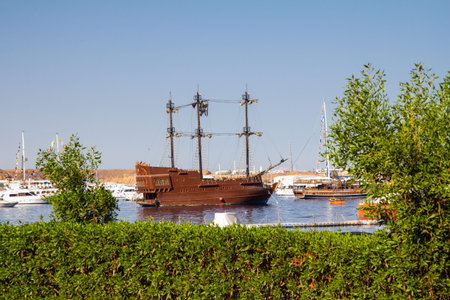 SHARM EL SHEIKH, EGYPT - JUNE 7, 2021: Old style yacht for cruising in the bay of the Red Sea in...