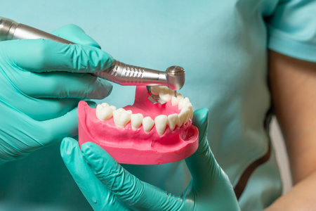 Head of high-speed dental handpiece with bur and a layout of the human jaw in dentist's hands....