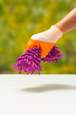 Hand with a rag on blurred background.の写真素材