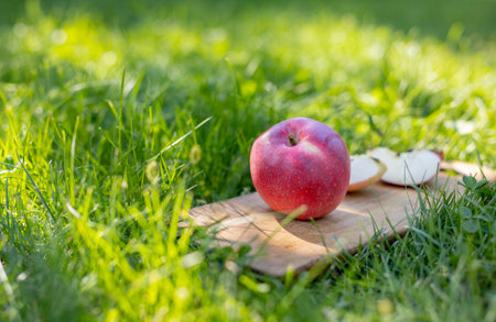 Fresh whole apple and sliced apple pieces on the wooden board with blurred green grass on the background. Shellow depth of fieldの写真素材