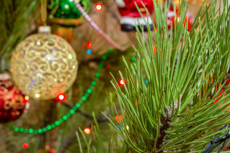 Close-up branch of the Christmas tree with toy balls and twinkling party lights. Christmas and New Year concept.の写真素材