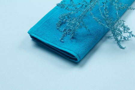 Blue terry towel with a decorative branch. Spa products. Top view.