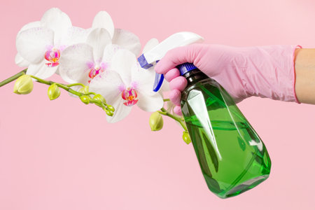 Woman with a sprayer and white orchid flower on the pink background.の写真素材